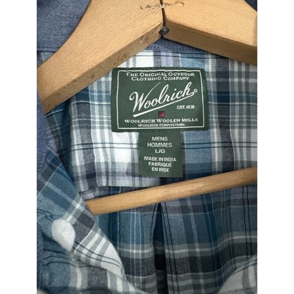 Woolrich Wollen Mills Shirt Mens L Blue Plaid Organic Cotton Short Sleeved Camp - Picture 3 of 4